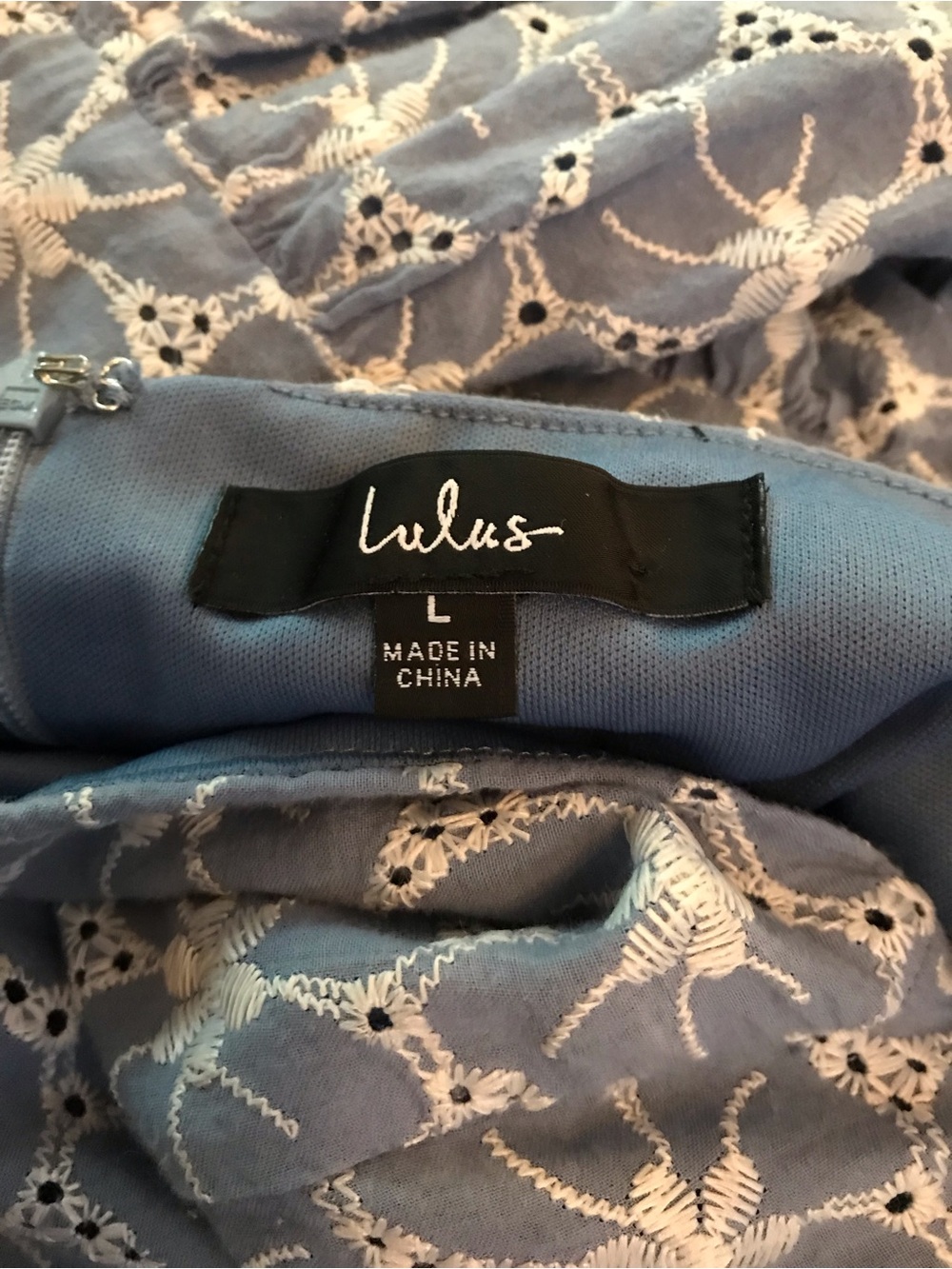 Lulu's Fit to Frolic Blue Eyelet Lace Puff Sleeve Babydoll Dress Sz L - Picture 8 of 9